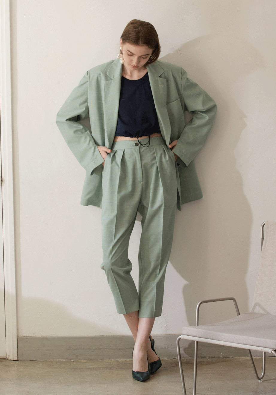 Glen-Check Slim Baggy Pants